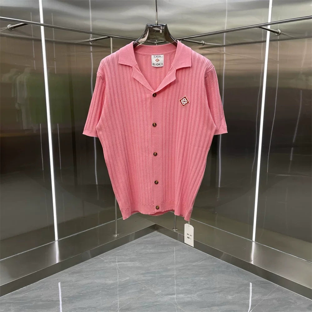 Casablanca Ribbed Knit Button-Down Shirt - Pink